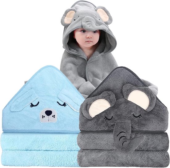 SnelShoppen - 4-delige babybadcape met capuchon, 80 x 80 cm, super absorberend, badhanddoek voor pasgeborenen, badcape voor kinderen 0-5 jaar — afbeelding 3