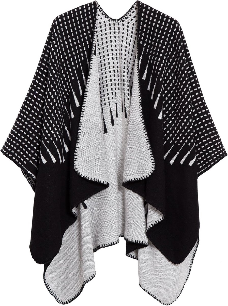 Warme gebreide shawl poncho cape met bloemenmotief - open front elegante wrap - black-82