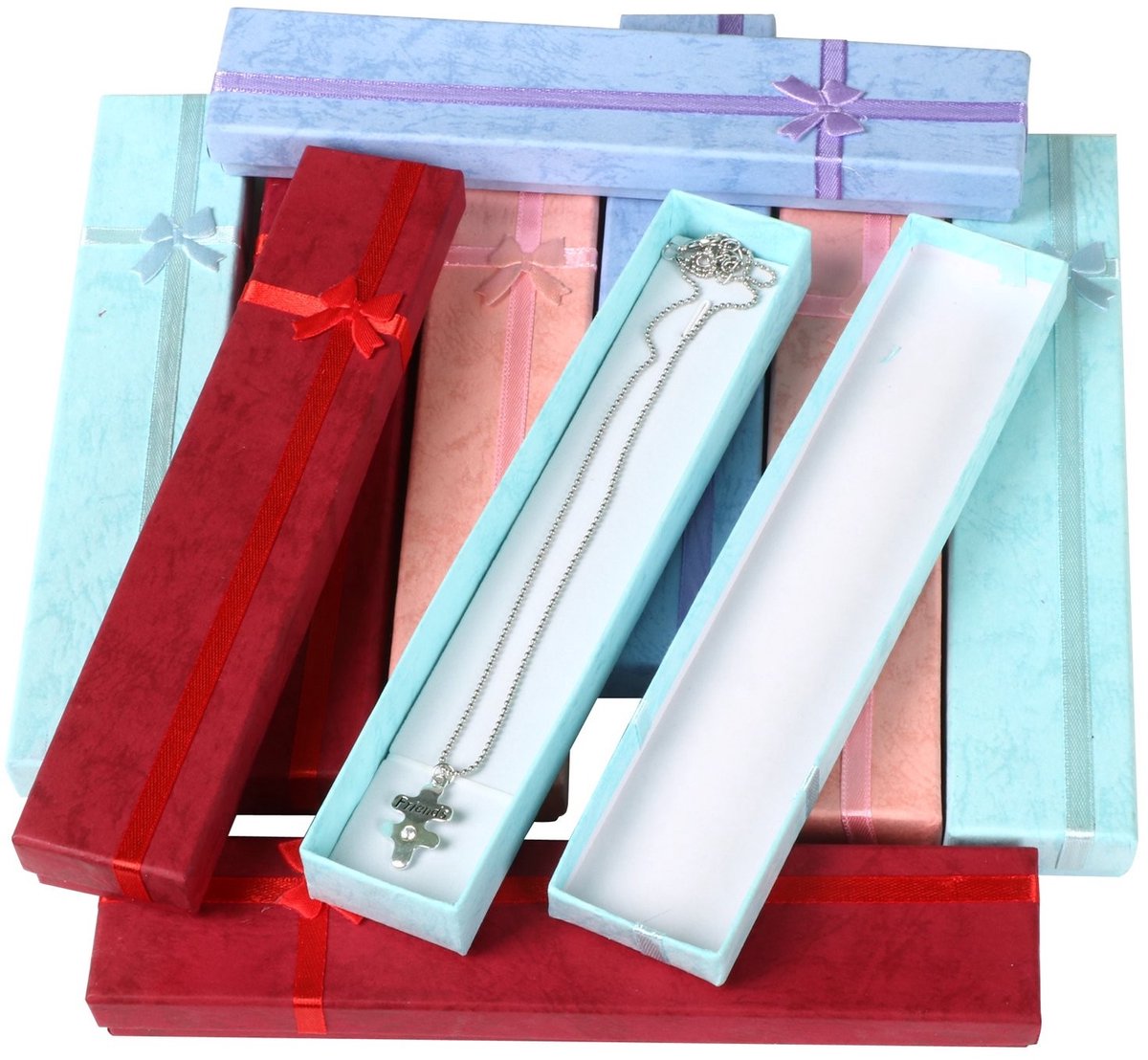 MTTproducts- Geschenkdozen met Deksel - 10 x Elegante Luxe Lange Rechthoekige Dozen - Sieraden Presentatie - Voor Kettingen/Pendants - Inclusief Satijnen Strik - Perfect voor Opslag - Juwelendozen