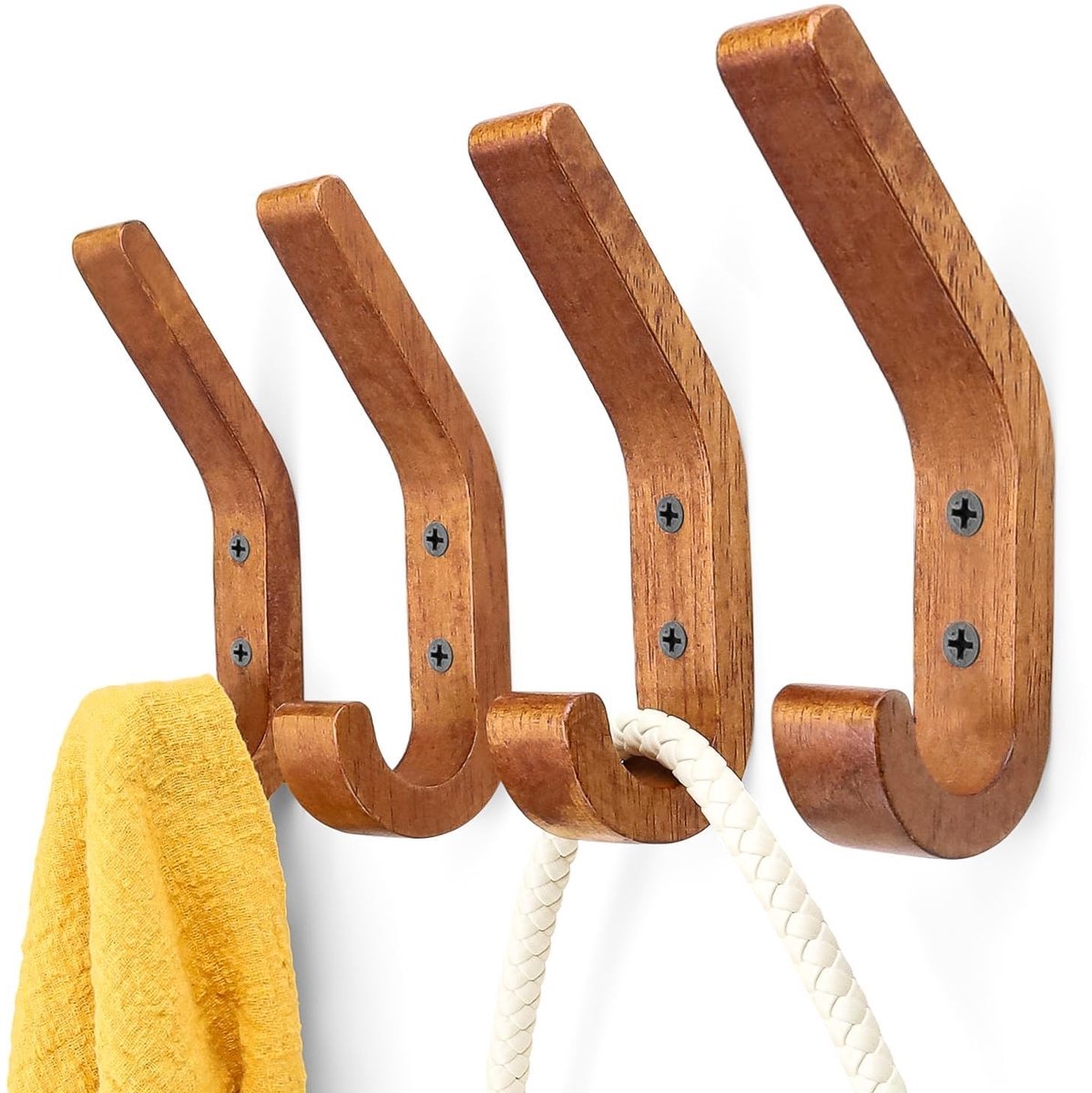 MTTproducts- Kledinghaken Set van 4 - Houten J-haken - Walnootkleur - A-kwaliteit Eikenhout - Gepolijst en Geolied - Voor Keuken/Slaapkamer - Kapstokhaken