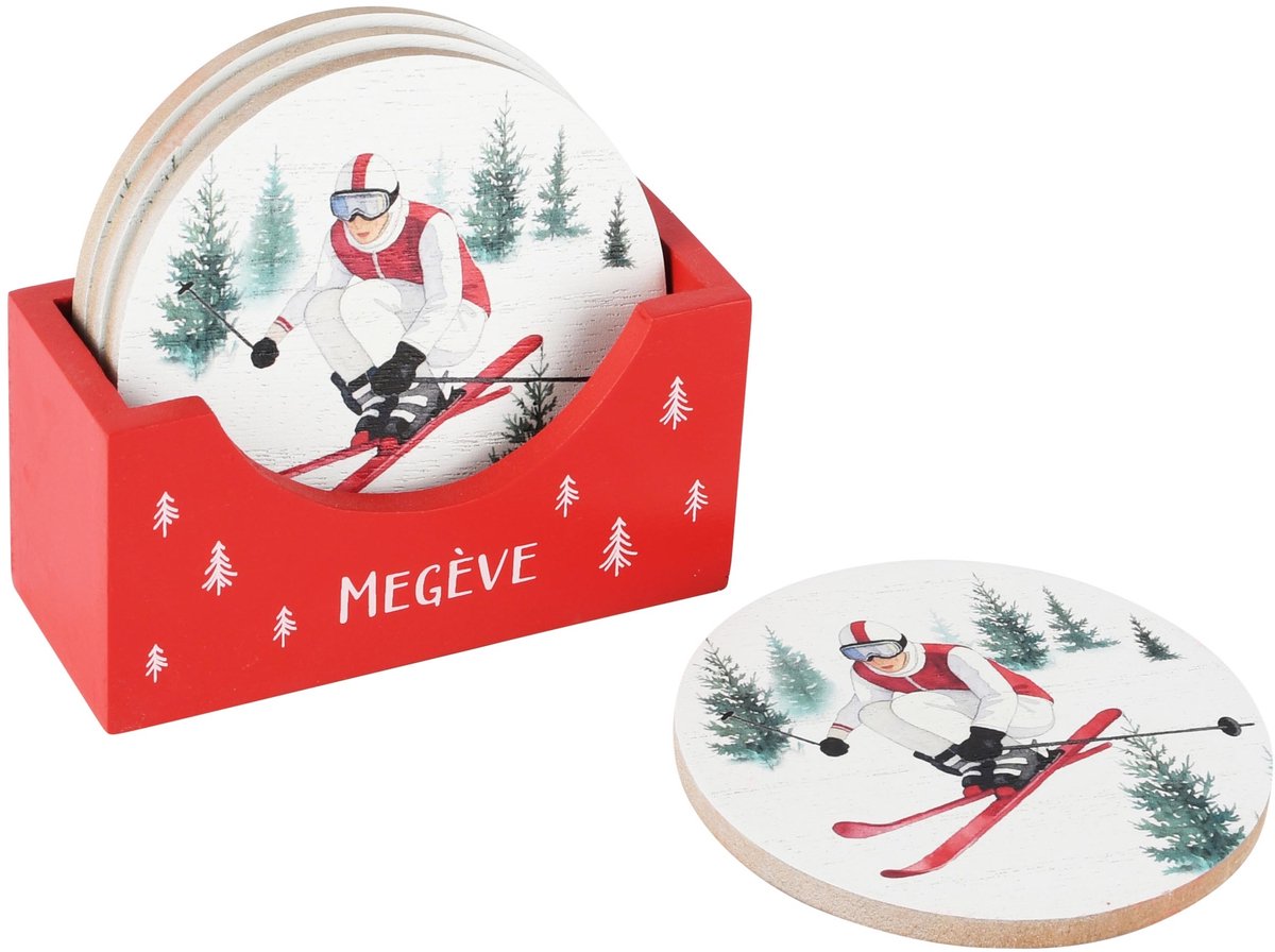 Dekoratief | Set 4 coasters 'Ski Season', wit/rood, hout, 12x5x11cm | A265250
