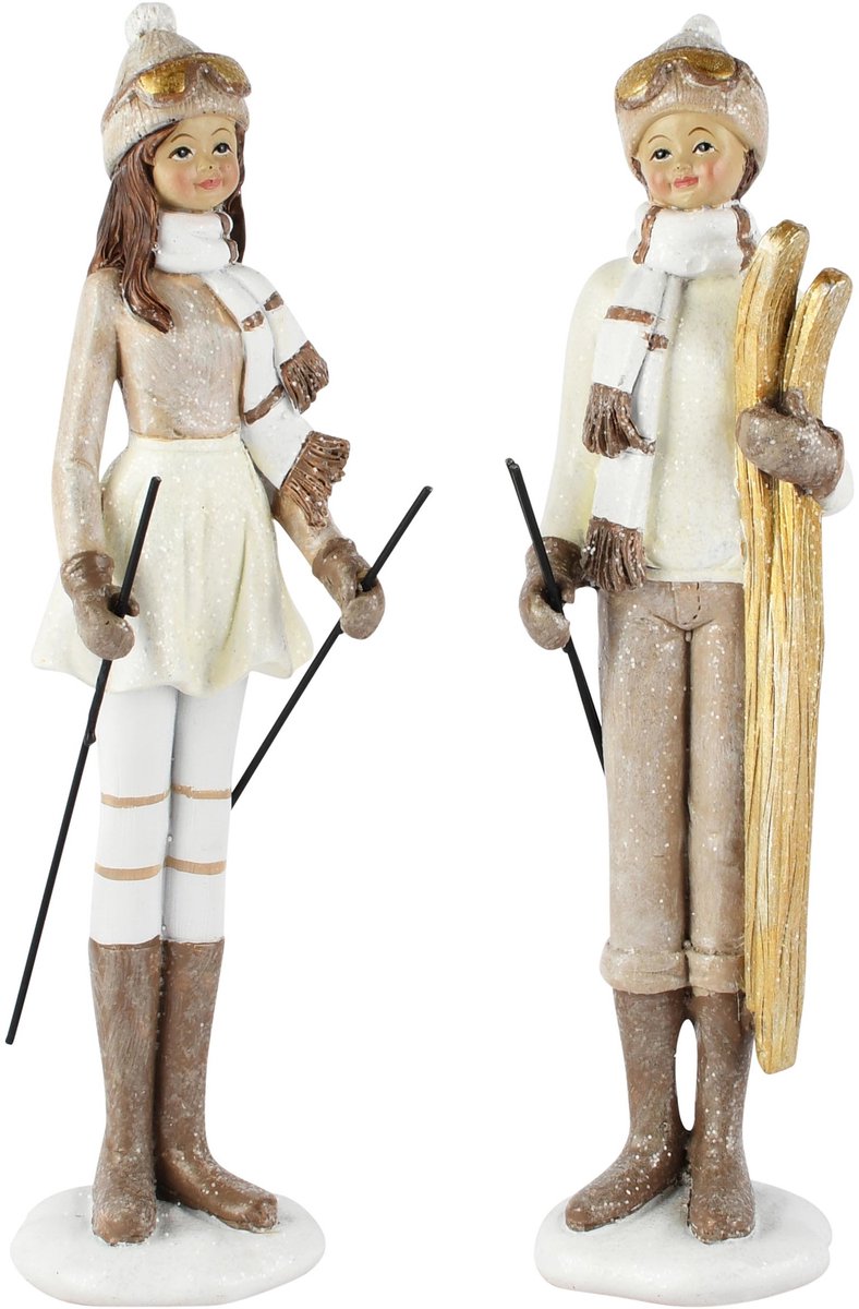 Dekoratief | Winterkind m/skistokken, wit/goud, resina, 6x5x22cm, set van 2 stuks | A265136