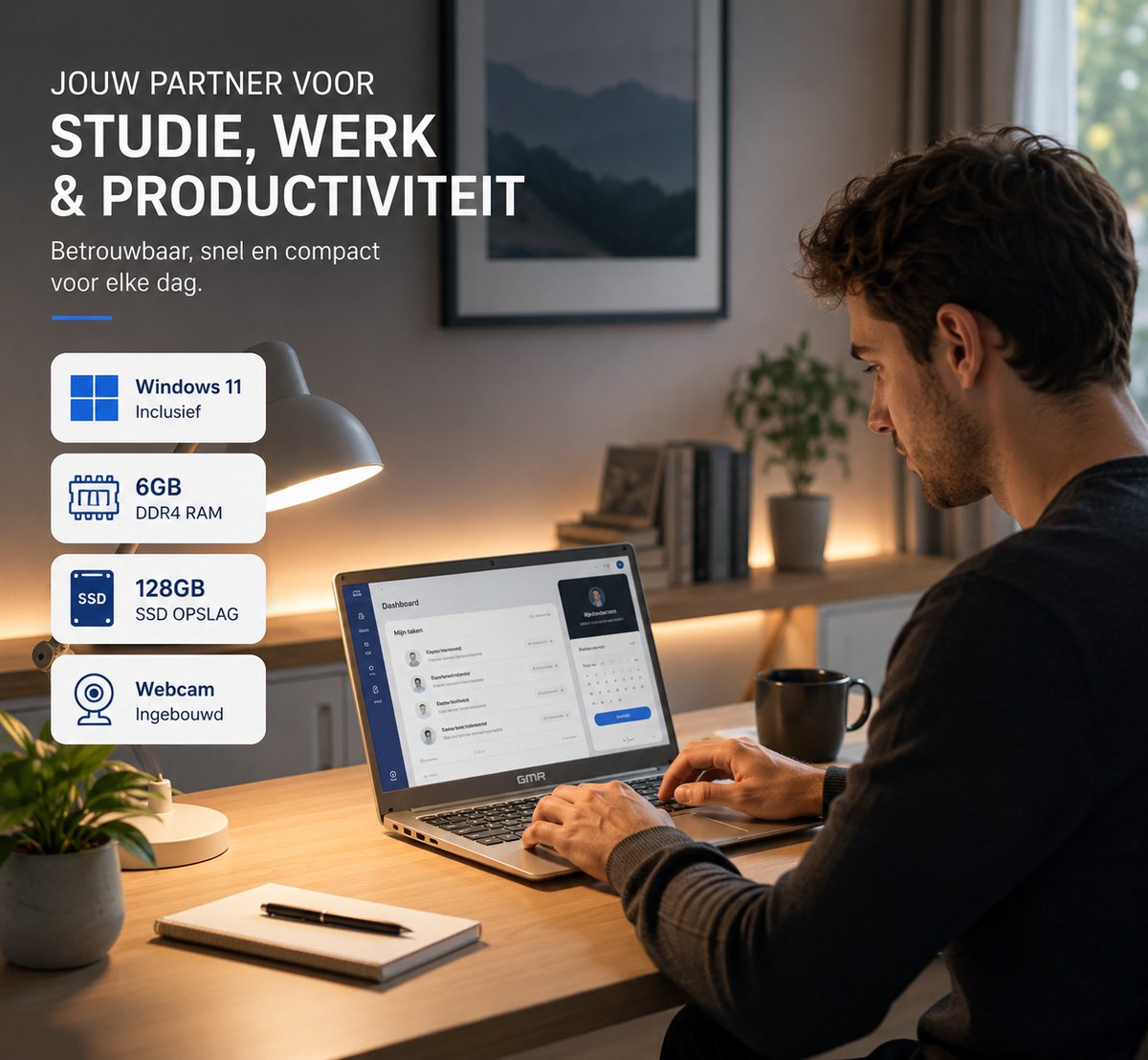 Laptop 14 Inch - Windows 11pro - Intel Celeron N4000 - 6GB RAM - 128GB SSD - GMR Notebook voor Studie, School, Office, Internet, E-mail en Thuiswerken - Studenten Laptop - Compacte Werk Laptop thumbnail 7