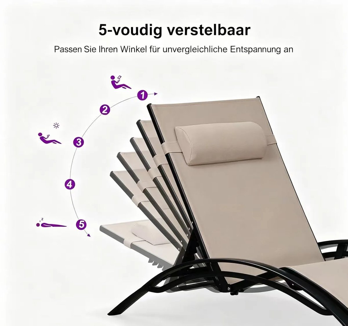 Purple Leaf Aluminium ligbedden met kussen extra groot - Set van 2 met bijzettafel - Khaki