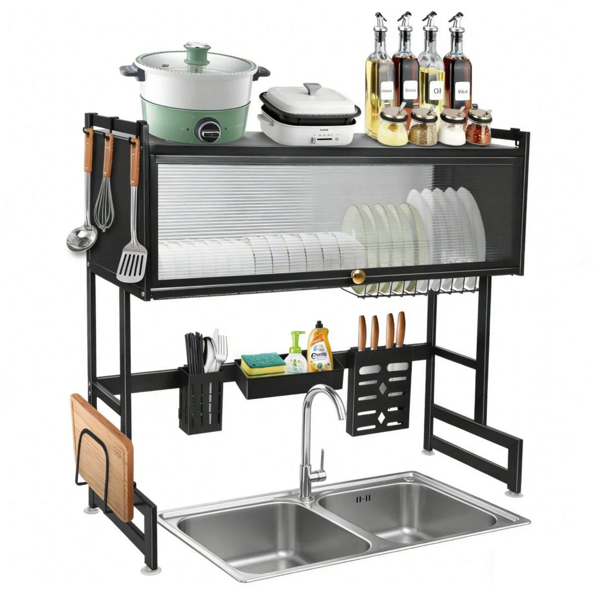 Dailygoods Afwasrek boven de gootsteen, roestvrij keukenrek boven de gootsteen, gootsteenorganizer met bestekhouder, sni