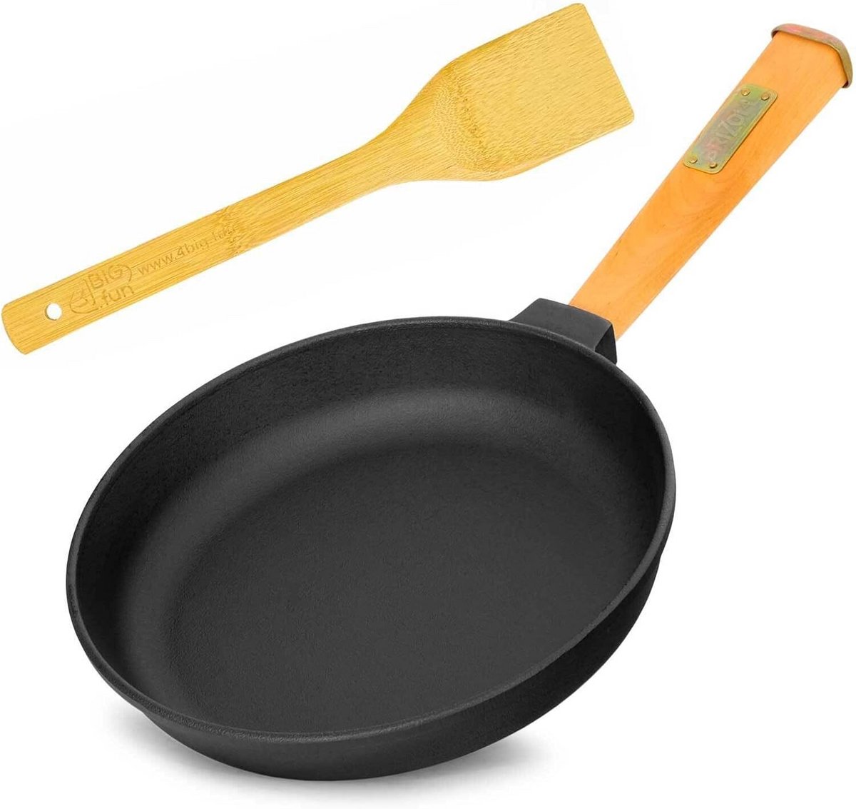 Gietijzeren Koekenpan 22 cm met Houten Handvat - Inclusief Spatel - Geschikt voor Inductie, Gas en Oven