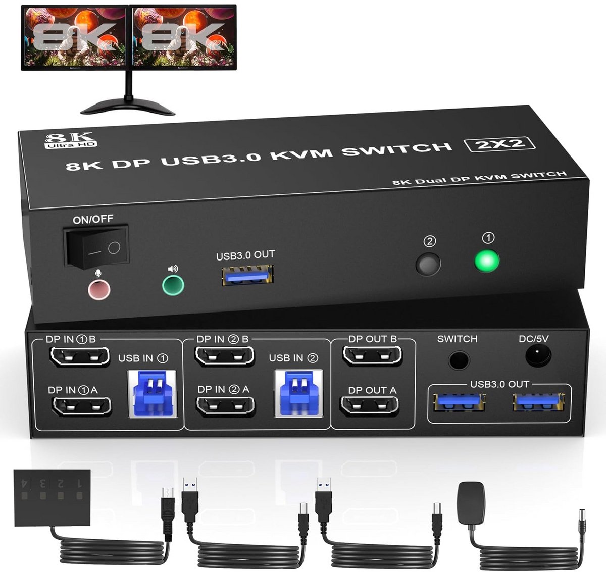 8K@60Hz USB 3.0 DisplayPort KVM Switch 2 PC 2 Monitors, DP 1.4 Dual Monitor KVM Switch met Audio Microfoon Uitgang en 3 USB 3.0 Poorten