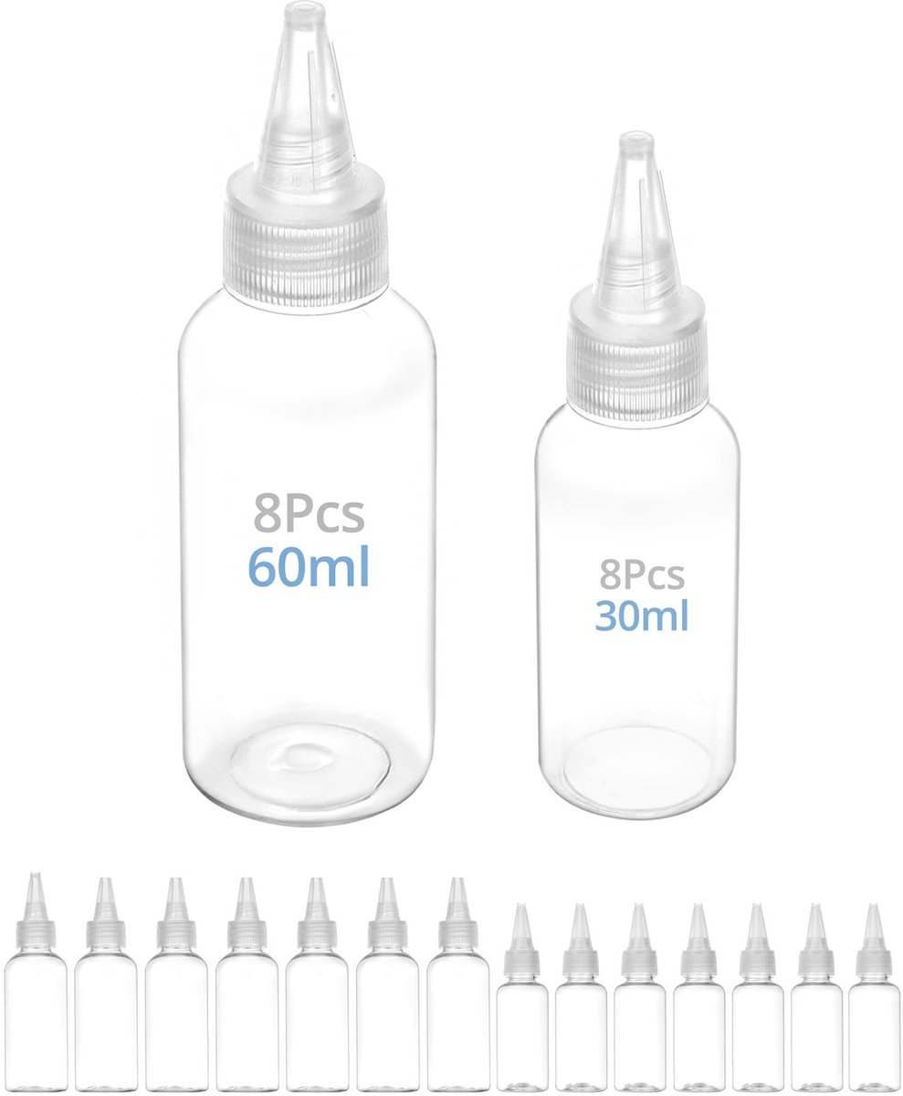 Cosensi- Squeeze Fles - Set van 16 - 8x 30ml/8x 60ml - Duurzaam PET - Transparant - Gemakkelijk te vullen en doseren - Dispenserfles
