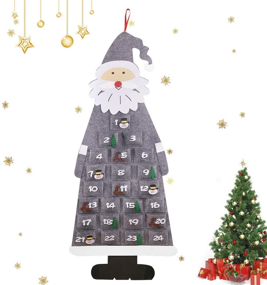 Cosensi- Adventskalender Grijs Gemêleerd - 24 Deuren - Vilten Kalender - Zelf Te Vullen - Kerstman Design - Decoratieve Kalender - Kerstkalender