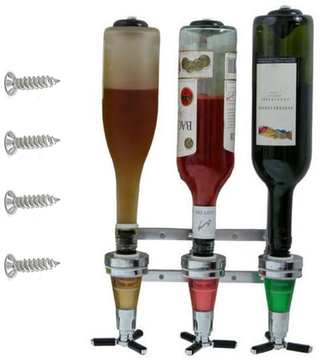 Cosensi- Wijndispenser Wandgemonteerd - 3 Flessen - Aluminium - Drankdispenser met Kraan - Barbutler - Food-Grade ABS-Plastic - Zilver 36x26 cm