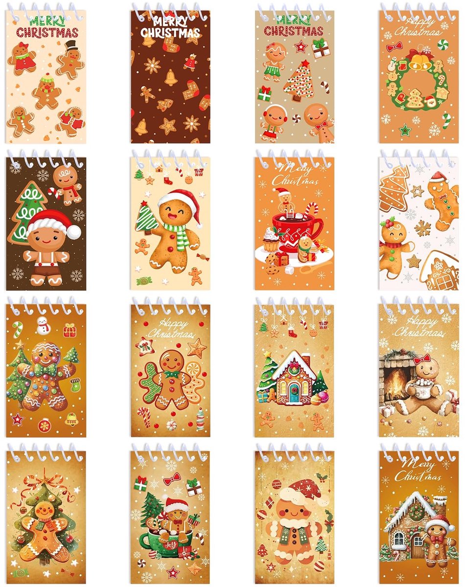 Cosensi- Notitieblok 16-delige kerstset - Mini-spiraalnotitieblokken - Kerstbriefpapier - Peperkoekmannetjes - Sneeuwvlokken - Perfect voor geschenken - Notitieboekje