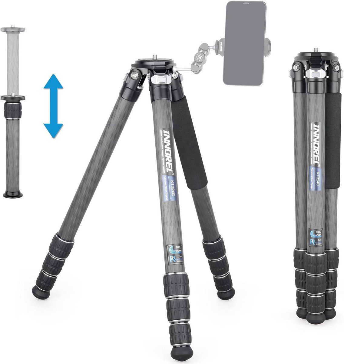 Carbon Fiber Tripod INNOREL KT324C Headless Professional Portable Compact Travel Tripod for Digital DSLR Camera Heavy Duty Stand Support 1.28in/32.5mm Tube Max Load 55lbs with