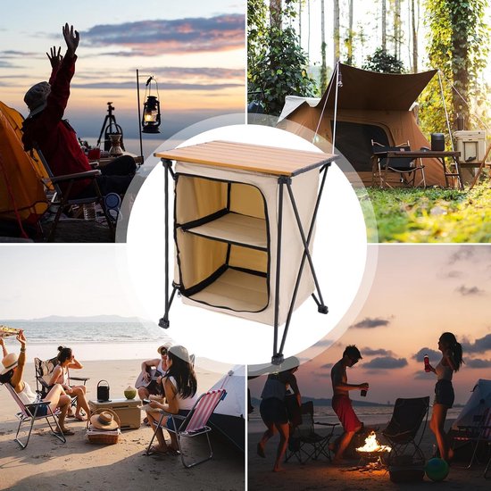 Opbergkast Camping - Keukenstation Tafel - Buiten Leven - Inklapbaar Ontwerp - 40x40x58 cm - Beige — afbeelding 2