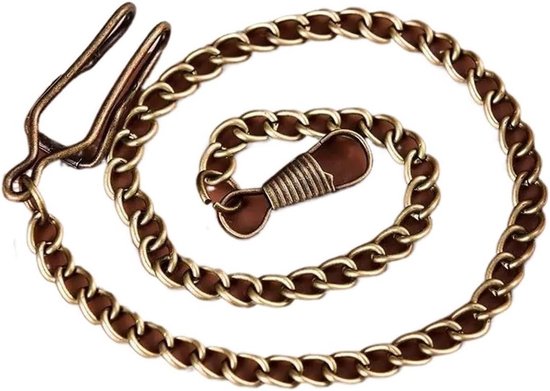 Gedetailleerde bronzen zakhorlogeketting met spiraalsluiting en clip, op witte achtergrond.