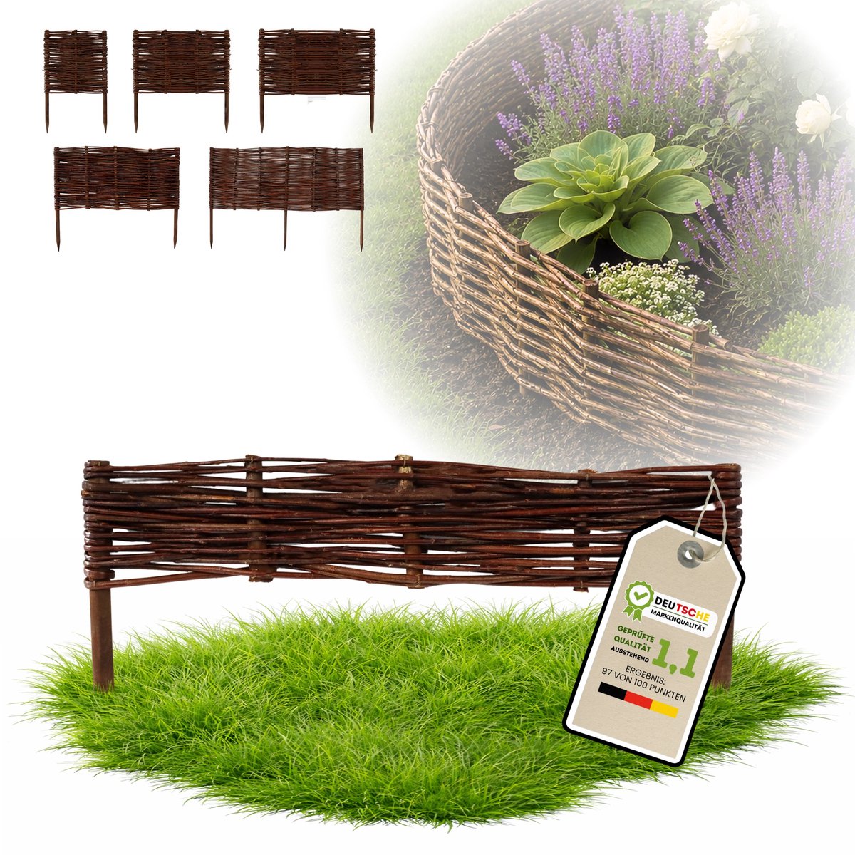 Natuurlijke tuinafscheiding: 1 element (10 cm hoog) - Hek in 25 verschillende maten, gazonrand, rieten hek - geimpregneerd - Lengte: 60 cm