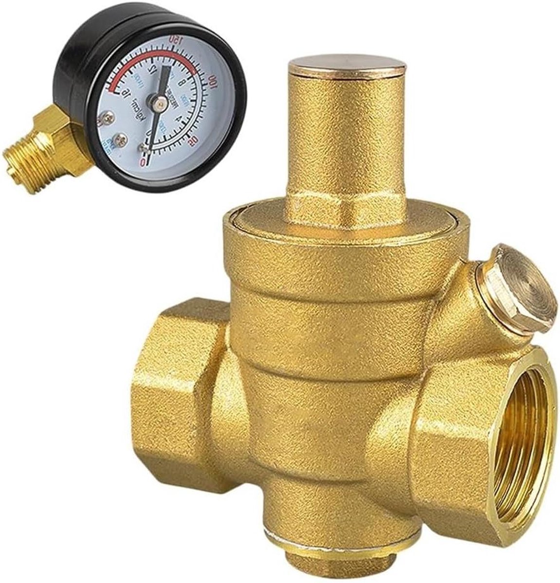 Water Drukregelaar - Messing Klep - Constante Druk - Met Regelbare Meter - 3/4 Inch - Geel