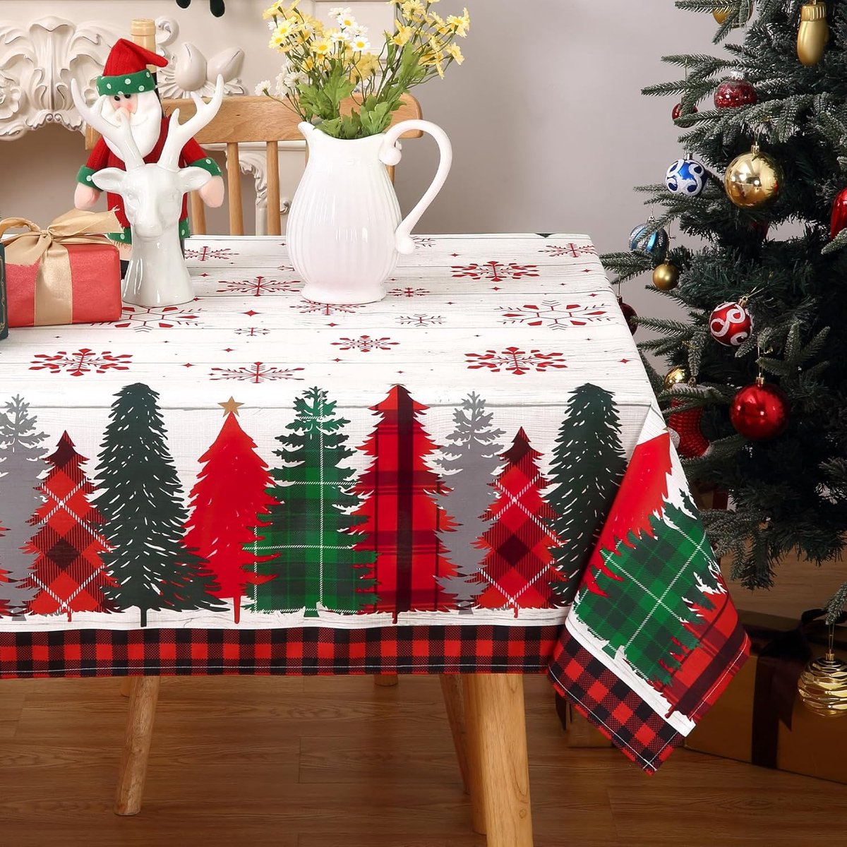 Famanu - Kerst tafelkleed met dennenprint, houtnerf, 152 cm rond