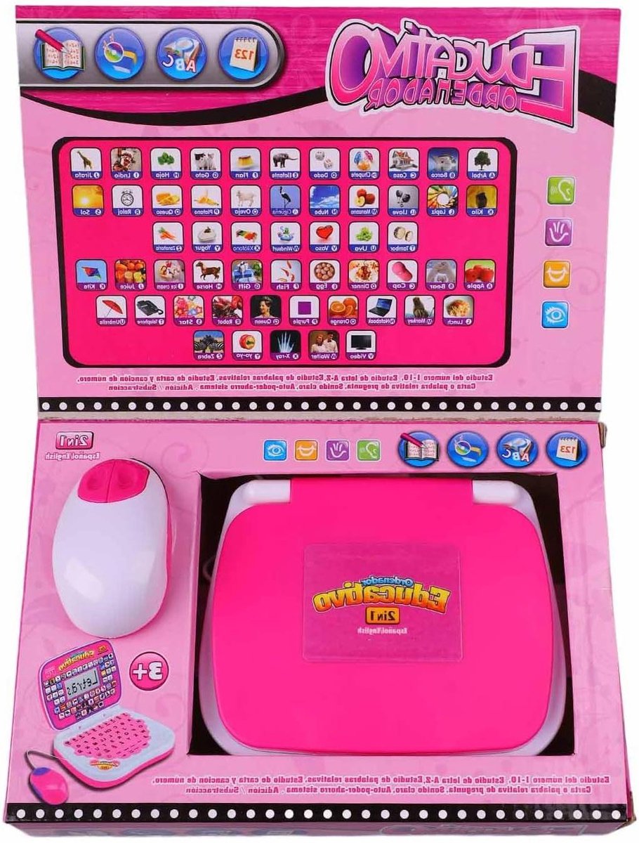 Leercomputer Kinderen - Educatieve Laptop - Talen Leren - Bilinguaal Engels Spaans - 25 cm - Roze