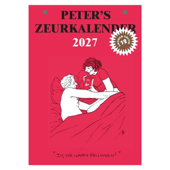 Scheurkalender 2027 Peter's Zuurkalender, 12e druk, met illustratie van een stel in bed dat naar een kalender kijkt.