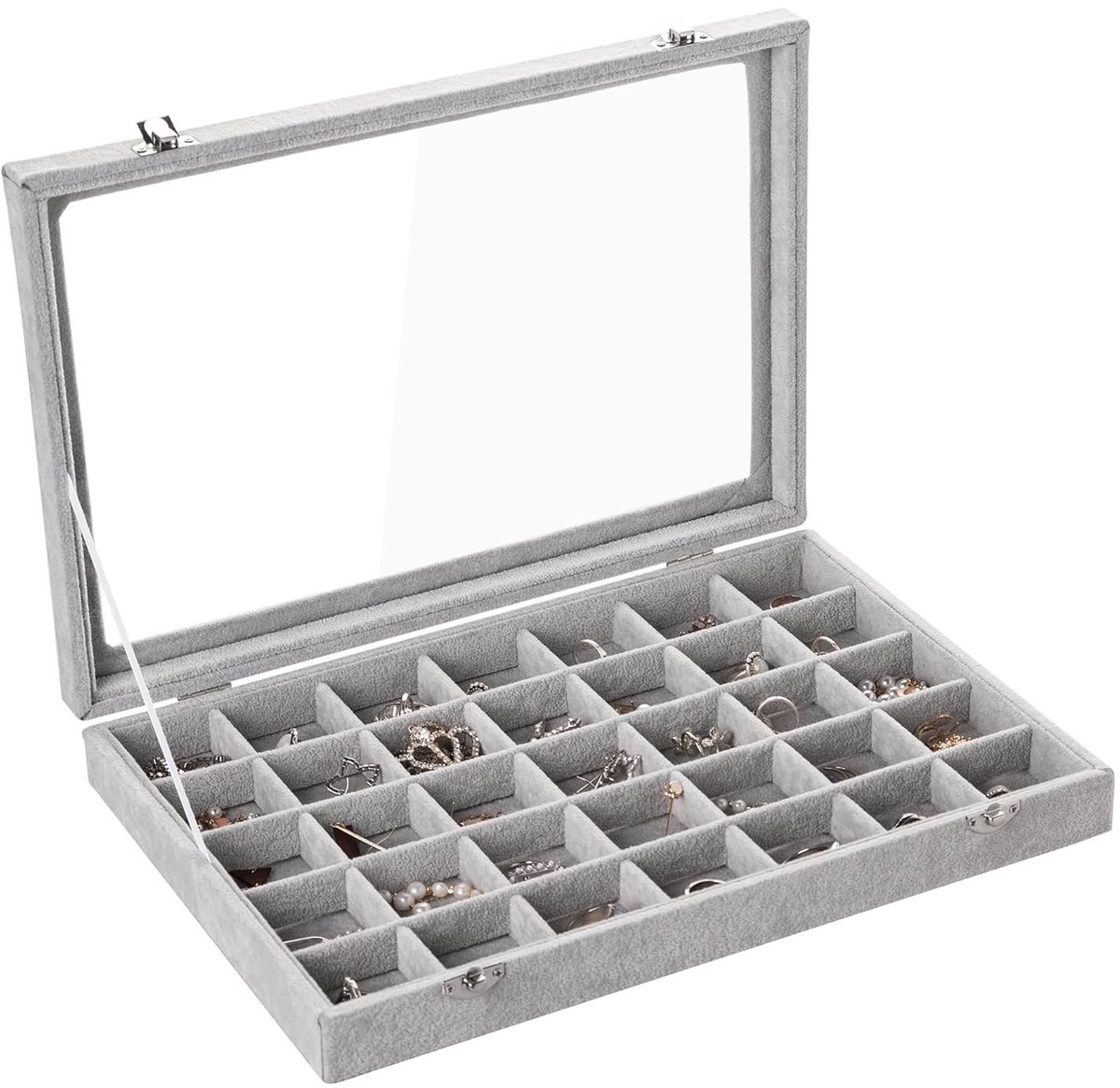 Famanu – Fluwelen sieradenlade met 35 rasters en doorzichtig deksel, lade-inzetstuk voor ringen en oorbellen, 35 x 22 cm
