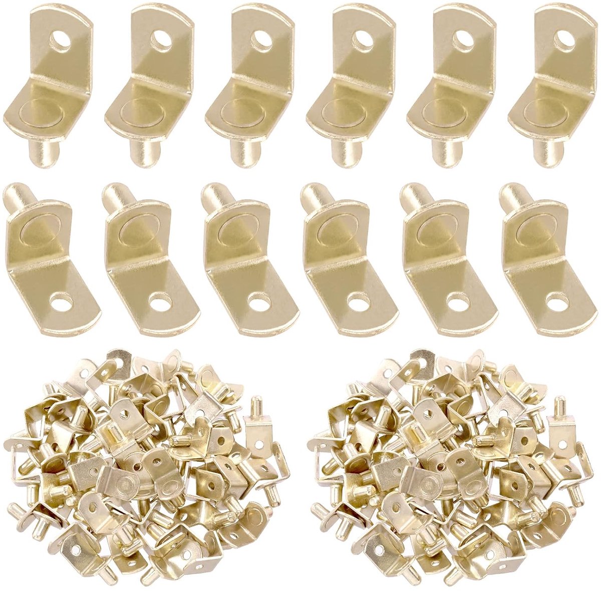 60 stuks L-Plank Pins, 6mm Gouden Steun Pegs met Gat, Geplateerd Staal Plank Houder Pins Bracket Kast Clips Houder voor Plank Gaten op Boekenkast, Kabinetten en Entertainment Centers