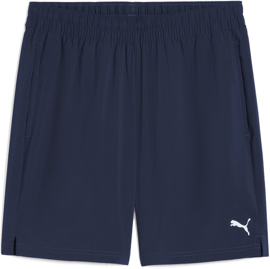 Donkerblauwe PUMA sportshort met elastische tailleband en het PUMA-logo op de rechterpijp.