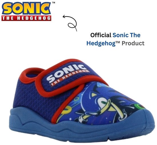 Blauwe pantoffel met Sonic The Hedgehog print, klittenbandsluiting en rode bies. Officieel Sonic The Hedgehog™ product.