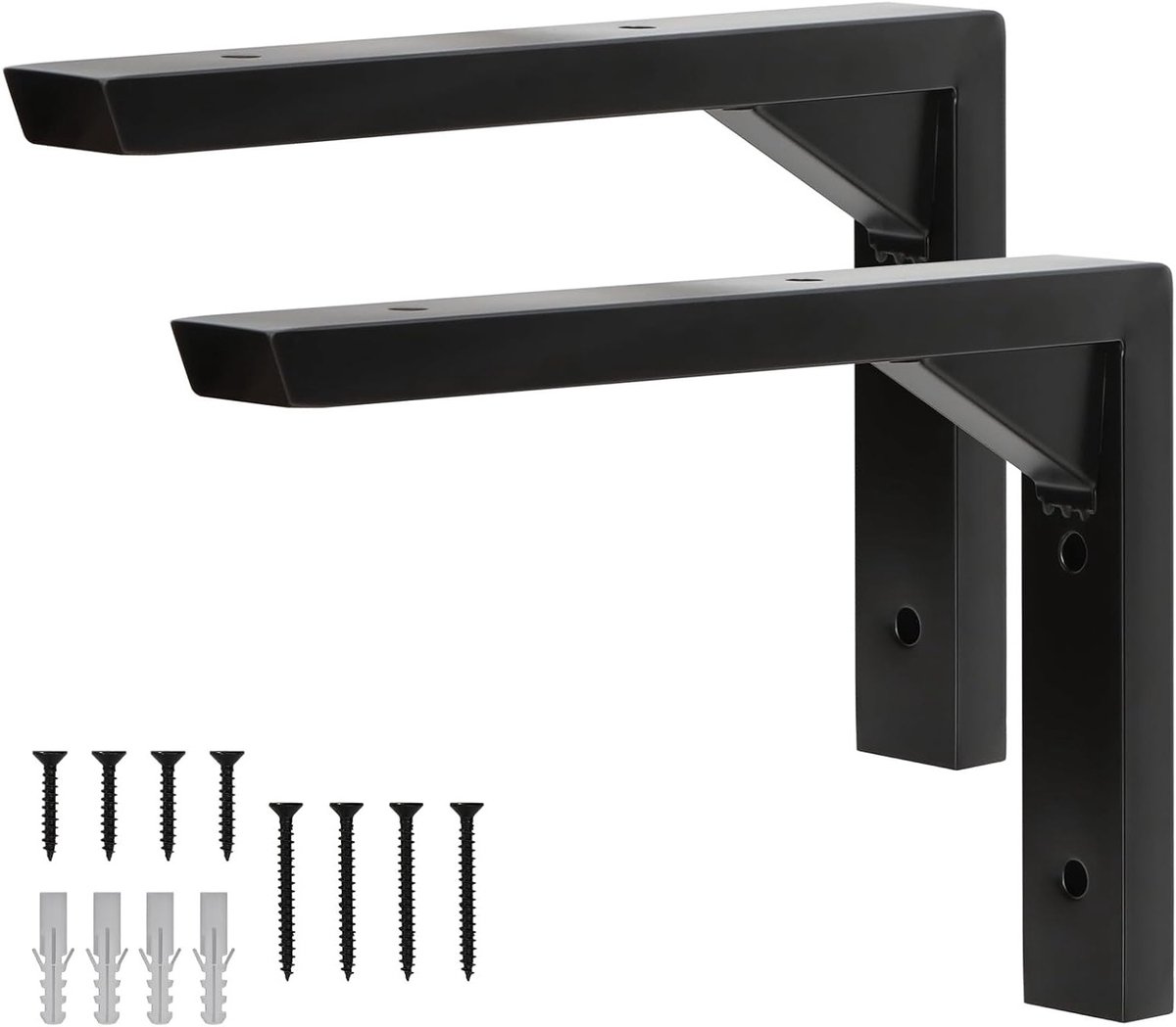 Set van 2 Zwarte Planksteunen - RVS L-vormige Wandplank Ondersteuning met Driehoekige Versteviging, Hol Ontwerp, Inclusief Schroeven en Pluggen - 15,5 cm