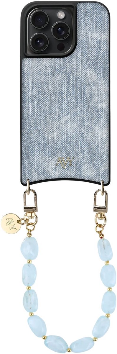 AVY Hoesje Geschikt voor Apple iPhone 15 Pro Max | Compatibel met MagSafe | Kunstleren Case met Telefoonkoord | Polsband | Denim | Rocher Blue