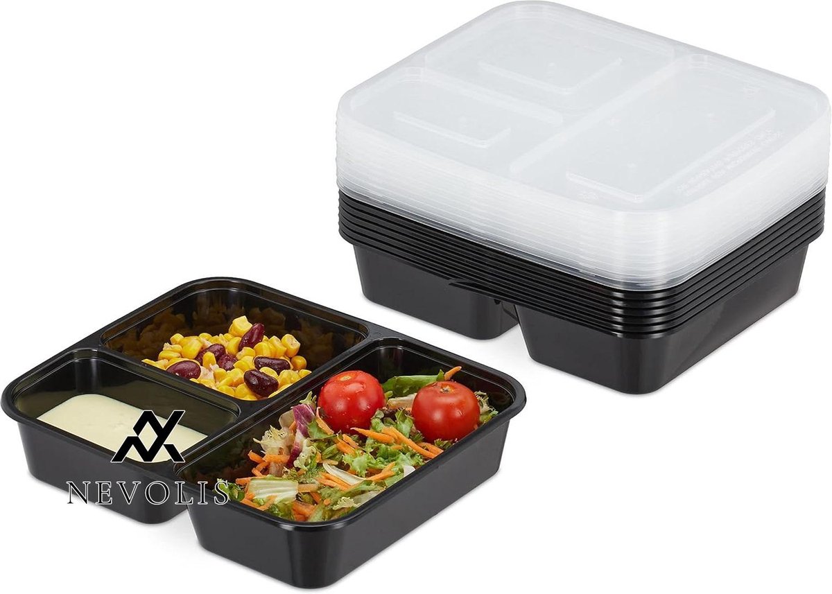 Nevolis Meal Prep Bakjes Set van 10 - 3 Vakken - Magnetron Vriezer 1000 ml - Herbruikbare Bakjes met Deksel - Zwart .
