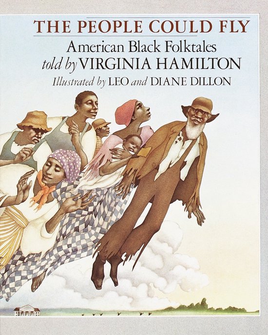Titelpagina voor "The People Could Fly" met illustraties van vliegende Afro-Amerikanen.