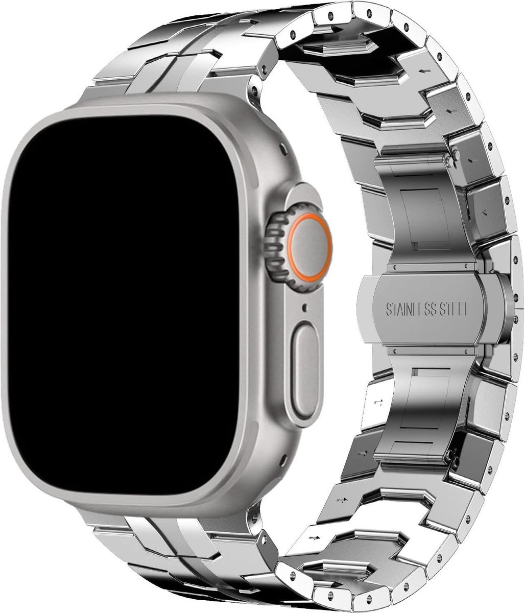 New Age Devi - Luxe RVS Smartwatchband - Geschikt voor Apple Watch 42mm 44mm 45mm 46mm 49mm - Vlindergesp - Voor iWatch Series 1 tm 10 - Zilver