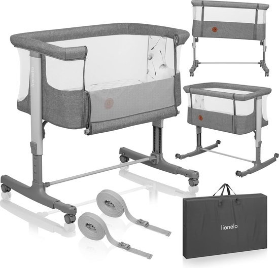 Lionelo Aurora 3-in-1 babybed tot 9 kg, cododo, wieg, hoogteverstelling en helling van de matras, 4 wielen met remmen, ergonomische matras, zak (donkergrijs