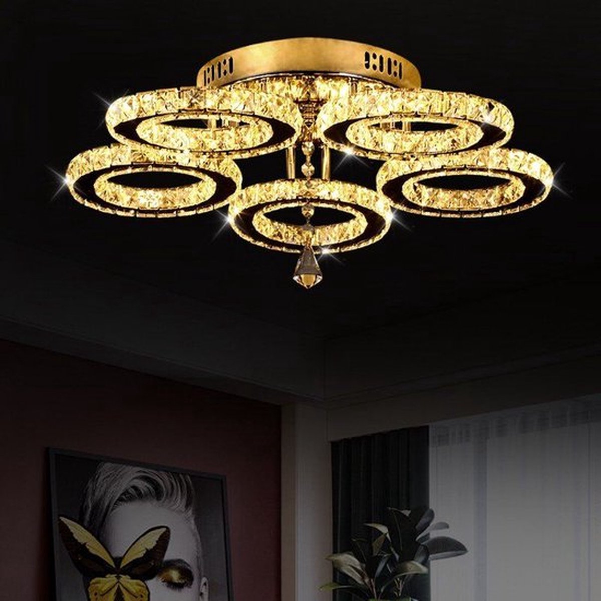 5 Cirkel Chroom Kroonluchter - Dimbaar Met APP & Afstandsbediening - Woonkamerlamp - LED Plafondlamp - Plafonniere - Crystal LED Lamp