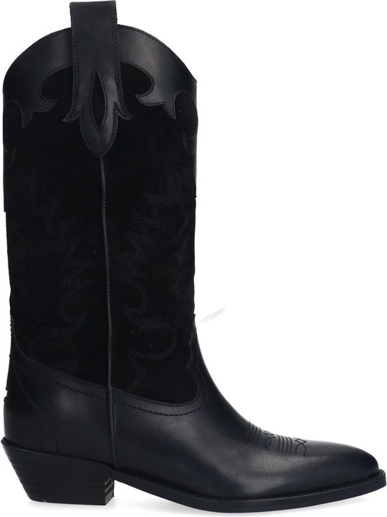 Botte de cowboy noire en cuir avec tige en suède et surpiqûres décoratives.