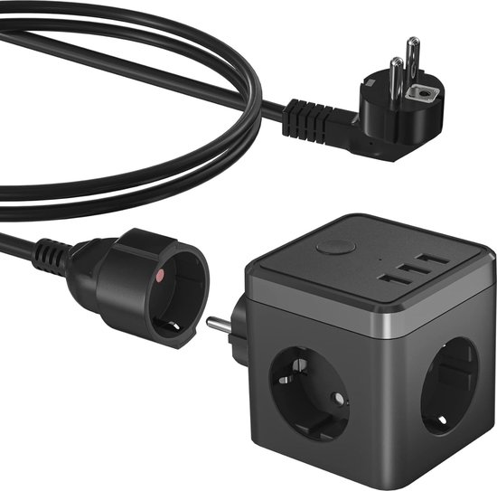 Stekkerkubus met USB - 3-voudig stopcontact met schakelaar en verlengkabel (2400W) voor thuis en reizen van Allocacoc — afbeelding 2