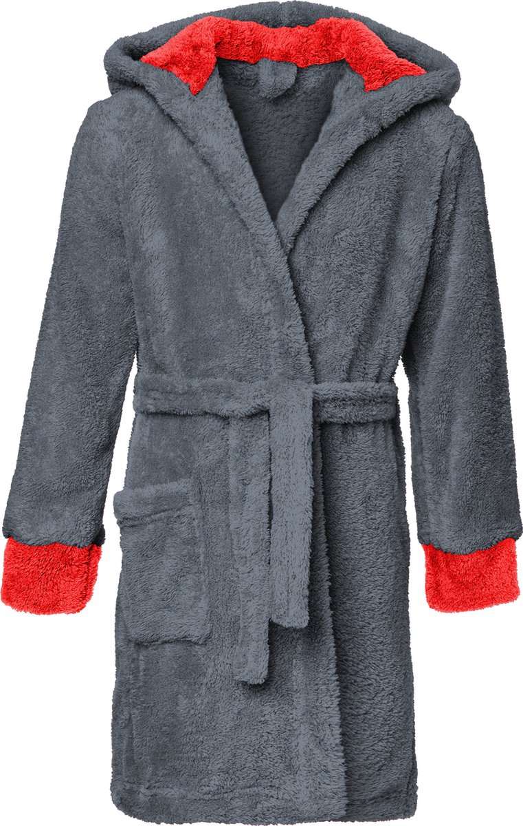 Timone Kinderen Badjas met Capuchon - Wasmachine bestendig - Polyester - TI-Kids - Grafiet/Rood (719/615) - 122-128