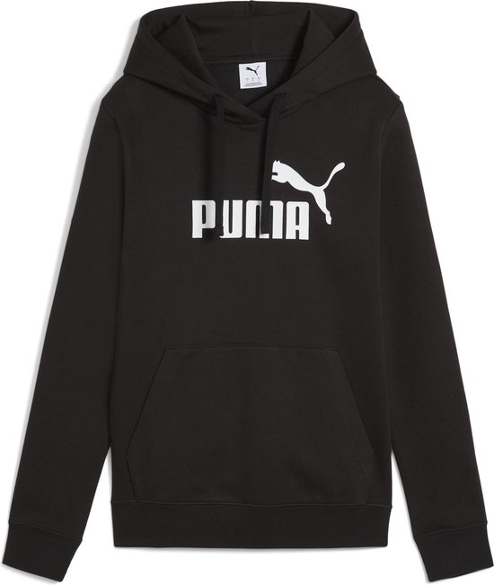 Zwarte Puma hoodie met witte 'ESS No. 1 Logo' opdruk op de borst en kangoeroezak.