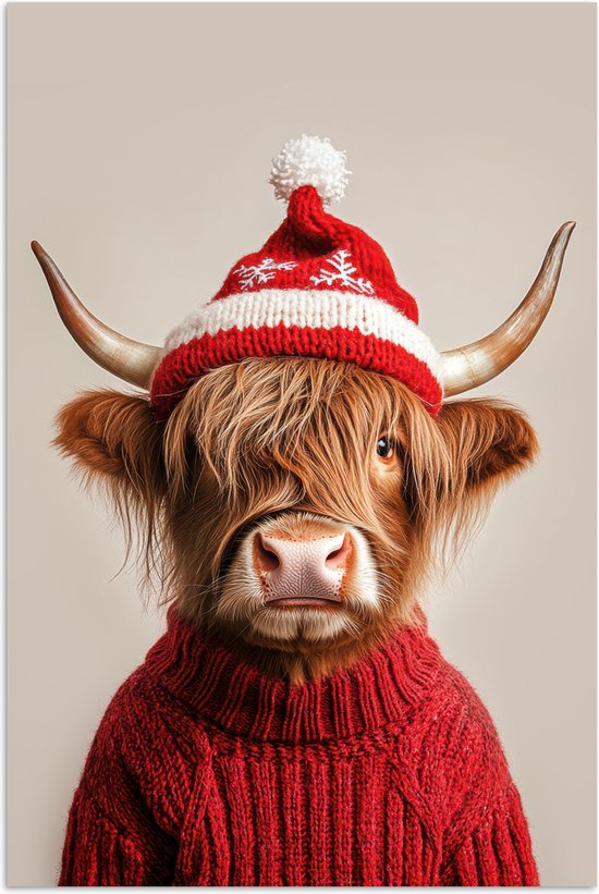 Poster 40x60 cm - Schotse Hooglander - Kerst - Muts - Trui - Winter - Posters - Kamer decoratie - Wanddecoratie woonkamer - Muurdecoratie slaapkamer - Kerstversiering - Kerstdecoratie voor binnen - Kerstmis