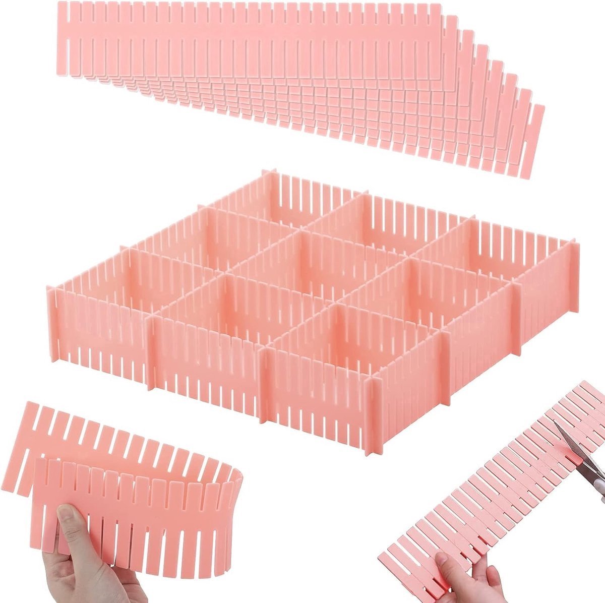 New Age Devi - Kunststof Ladeverdeler - Lade Organizer - 4-delige set - Voor Kleding/Keuken/Bureau/Make-Up - Op maat te knippen - 37x7CM - In stijlvol Roze