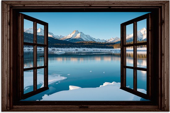 Poster 120x80 cm - Doorkijk - Winterlandschap - Meer - Bergen - Uitzicht - Posters - Kamer decoratie - Wanddecoratie woonkamer - Muurdecoratie slaapkamer