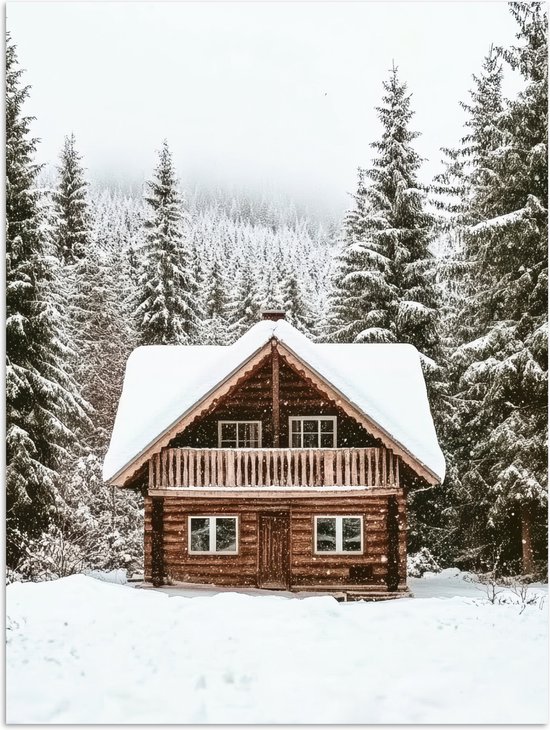 Poster 60x80 cm - Huis - Bos - Winter - Natuur - Sneeuw - Posters - Kamer decoratie - Wanddecoratie woonkamer - Muurdecoratie slaapkamer