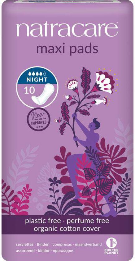 Natracare maxi pads nacht met 10 stuks, plasticvrij, parfumvrij, biologisch katoen, nieuw en verbeterd.