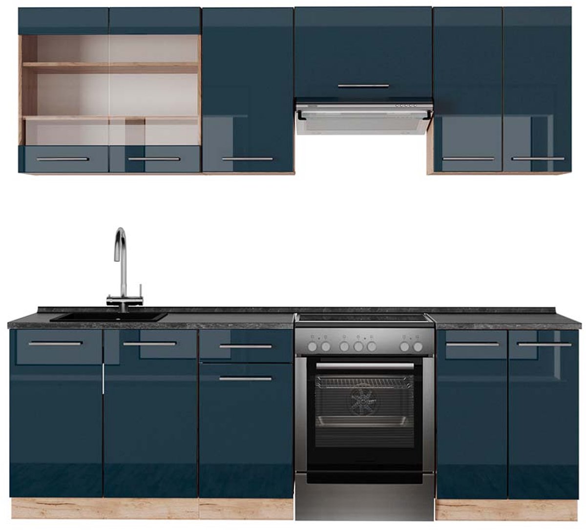 Vicco Fame-Line Complete keukeneenheid – 240 cm, WB Antraciet Donkerblauw hoogglans/gouden eik