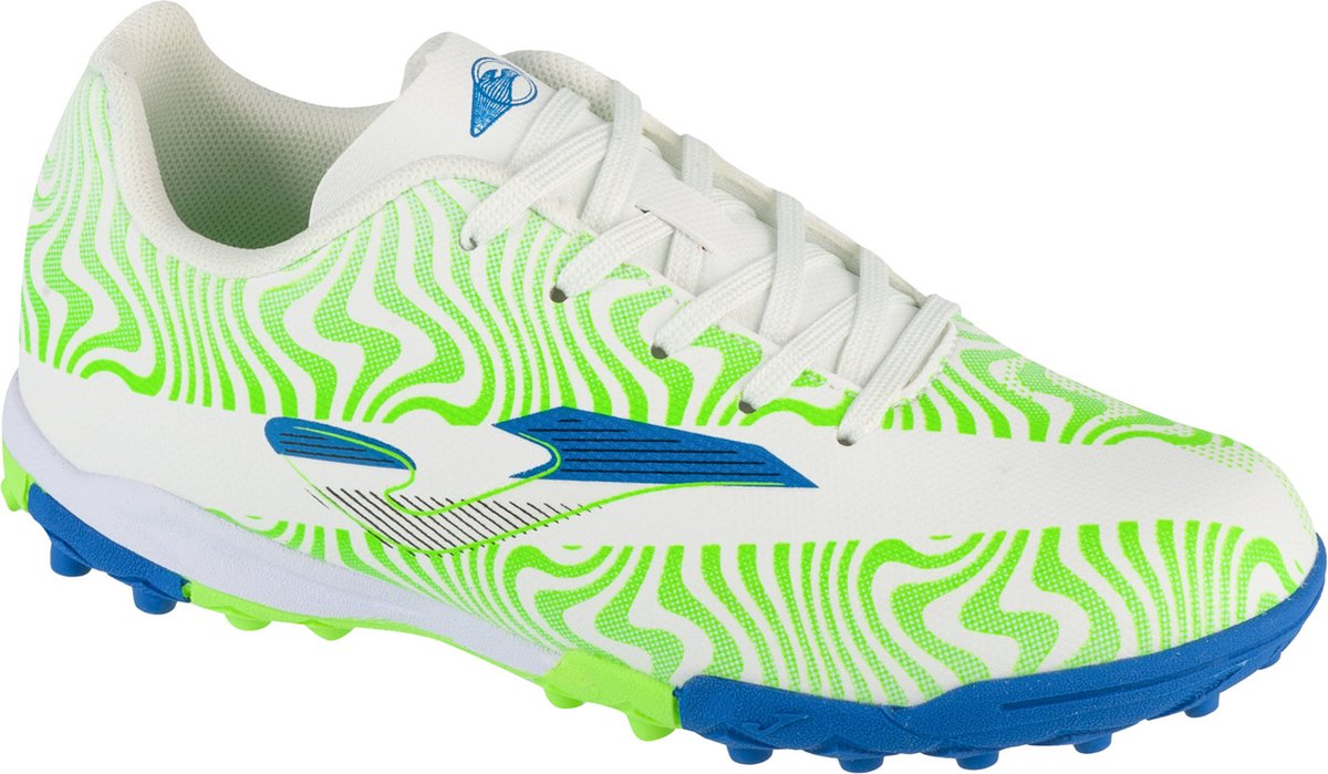 Witte Joma Evolution Jr 2502 TF voetbalschoenen voor jongens, maat 38, met groene en blauwe details, synthetisch leder.