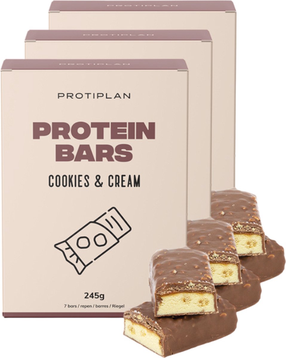 Goedkoopste Protiplan | Reep Cookies & Cream | 3 stuks | 3 x 7 x 35 gram | Eiwitrepen | Koolhydraatarme sportvoeding | Afslanken met Proteïne repen