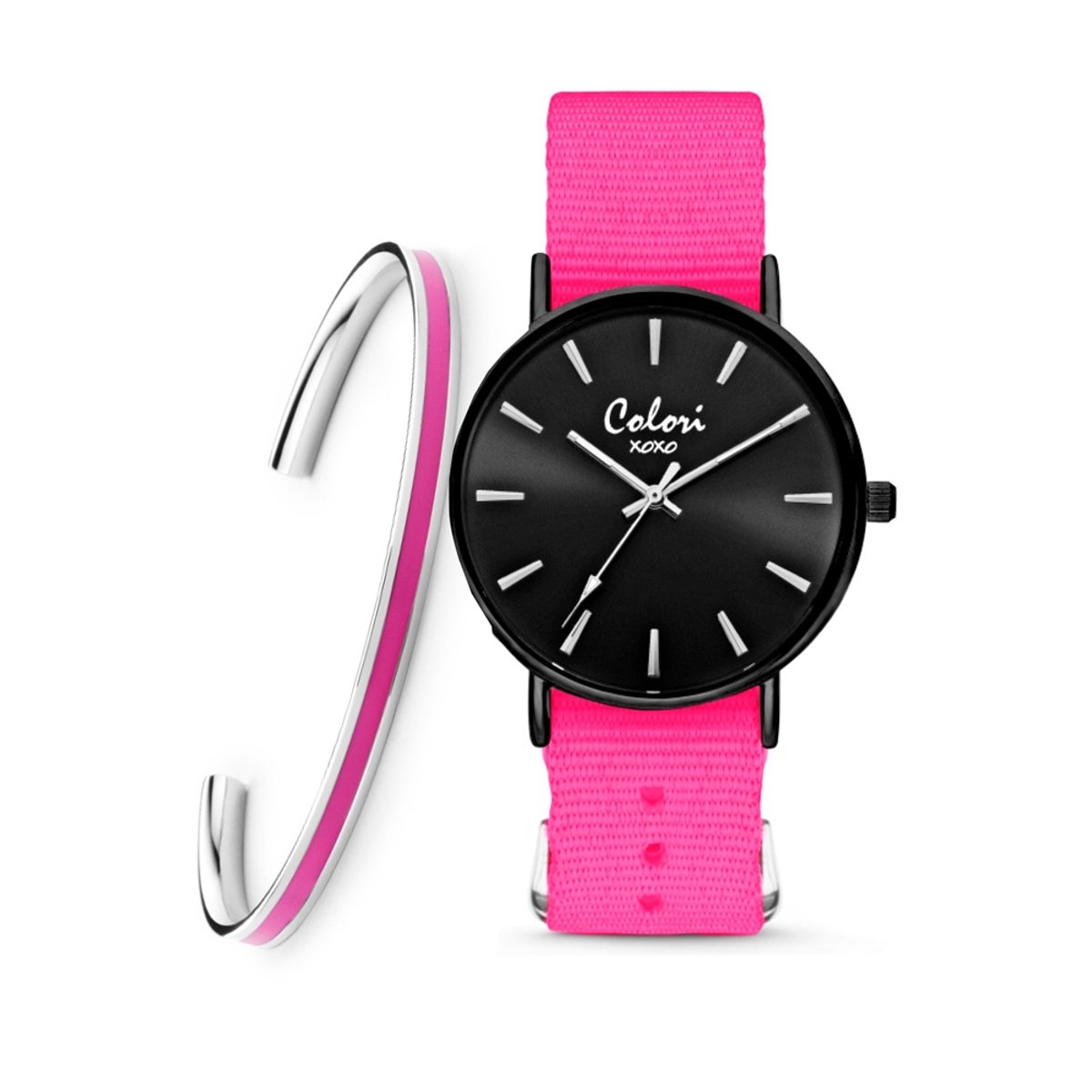 Colori XOXO 5 COL562 Horloge Geschenkset met Armband - Nato Band - Donkerroze - Ø 36 mm