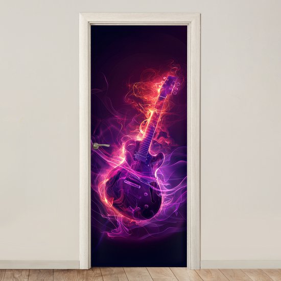 Deurposter 80x205 cm - Deursticker Gitaar - Muziek - Rook - Paars - Meubelfolie zelfklevend - Deurfolie tienerkamer - Interieurfolie kinderkamer - Deur plakfolie - Deurbehang sticker - Kamer decoratie tieners
