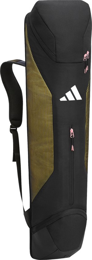 Sac de crosse de hockey noir avec rayures verticales dorées et fermetures éclair roses.