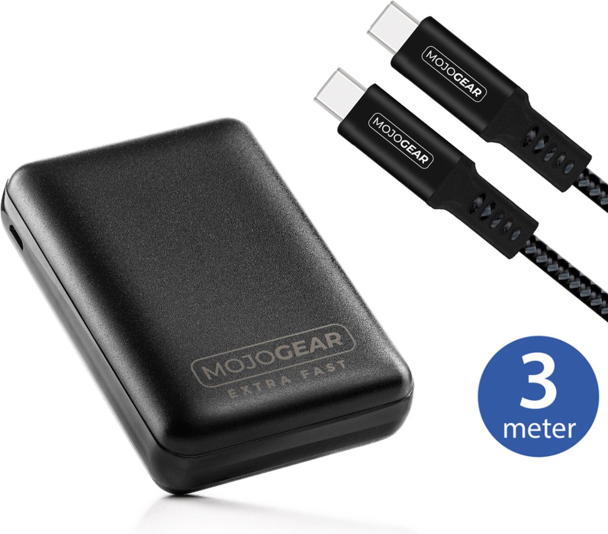 MOJOGEAR MINI EXTRA FAST 10.000 mAh powerbank met USB-C naar USB-C kabel 100W USB 3.1 Extra Sterk 3m